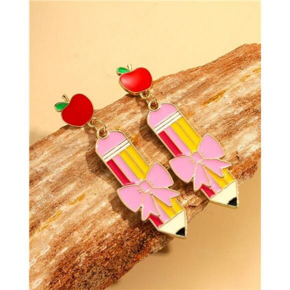 Colorful Teacher Earrings Pencil Apple Drop Dangle Back To School Gift Jewelry - Picture 2 of 8
